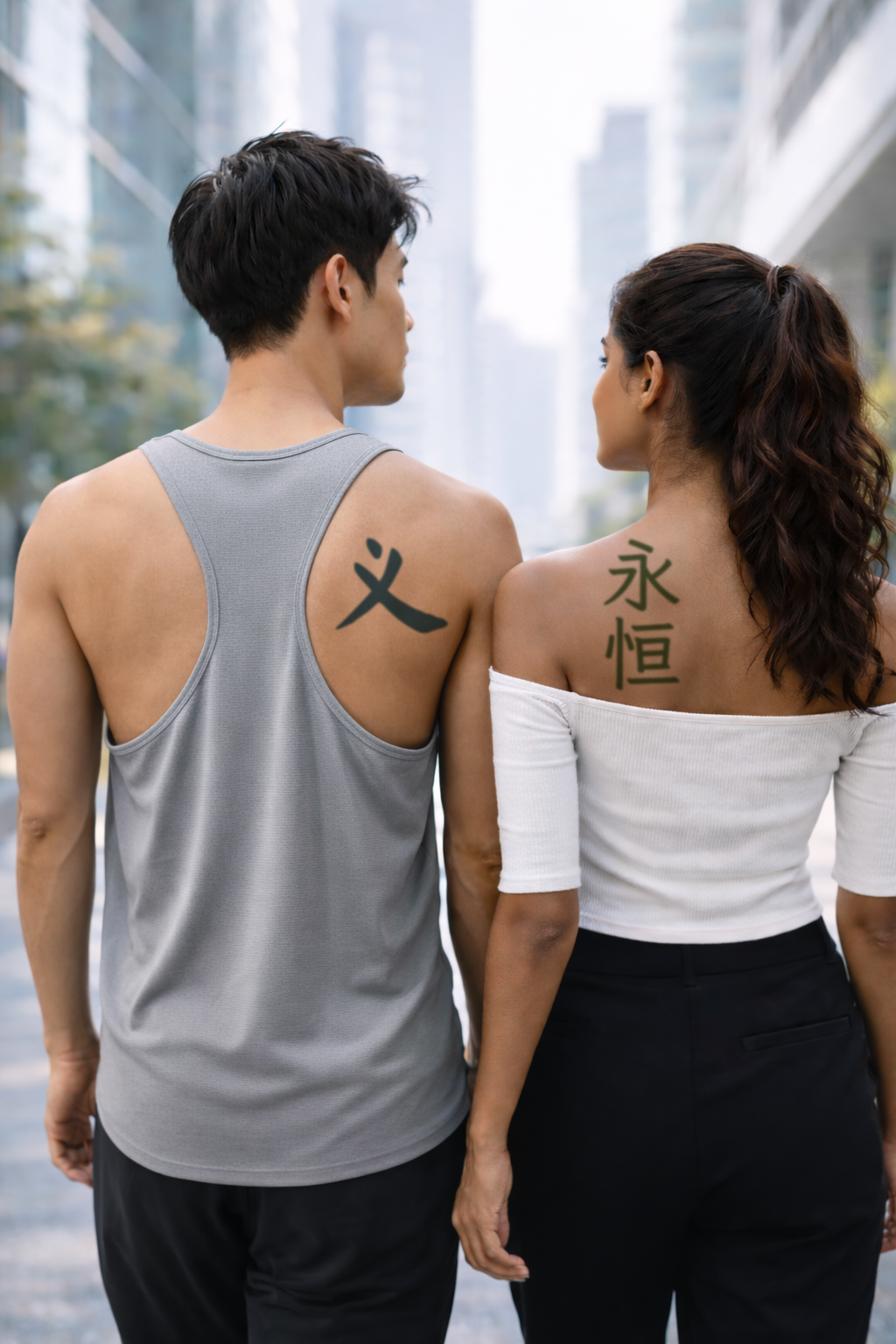 Tattoo artist applying dragon stencil to arm in studio